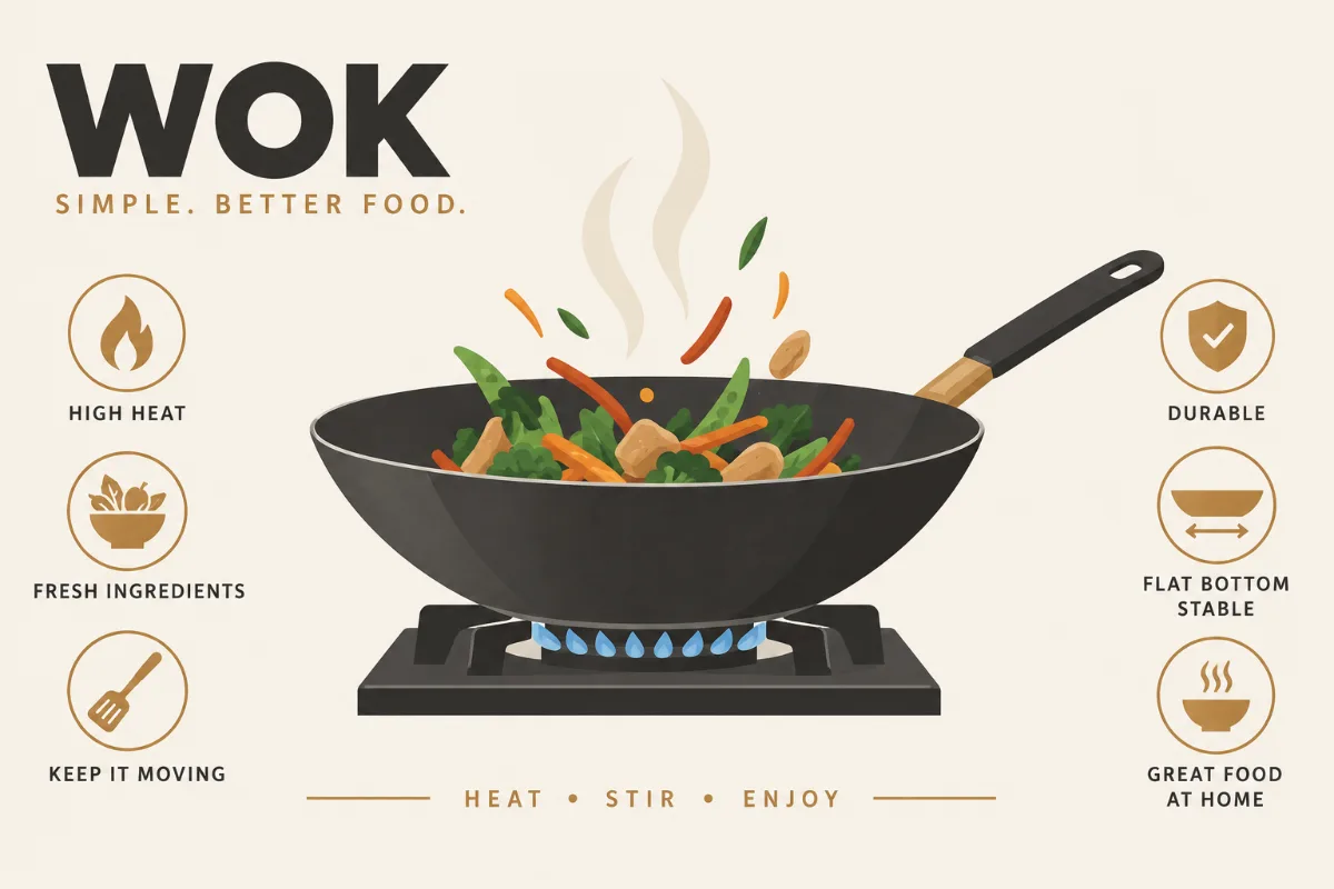 Flat-bottom carbon steel wok stable on a home stove