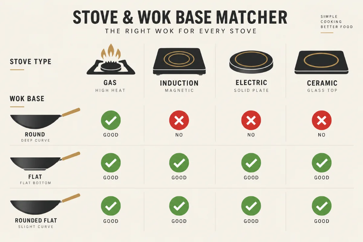 A stove-and-base matcher graphic pairing each stove type with the right wok base and a green check or red cross.