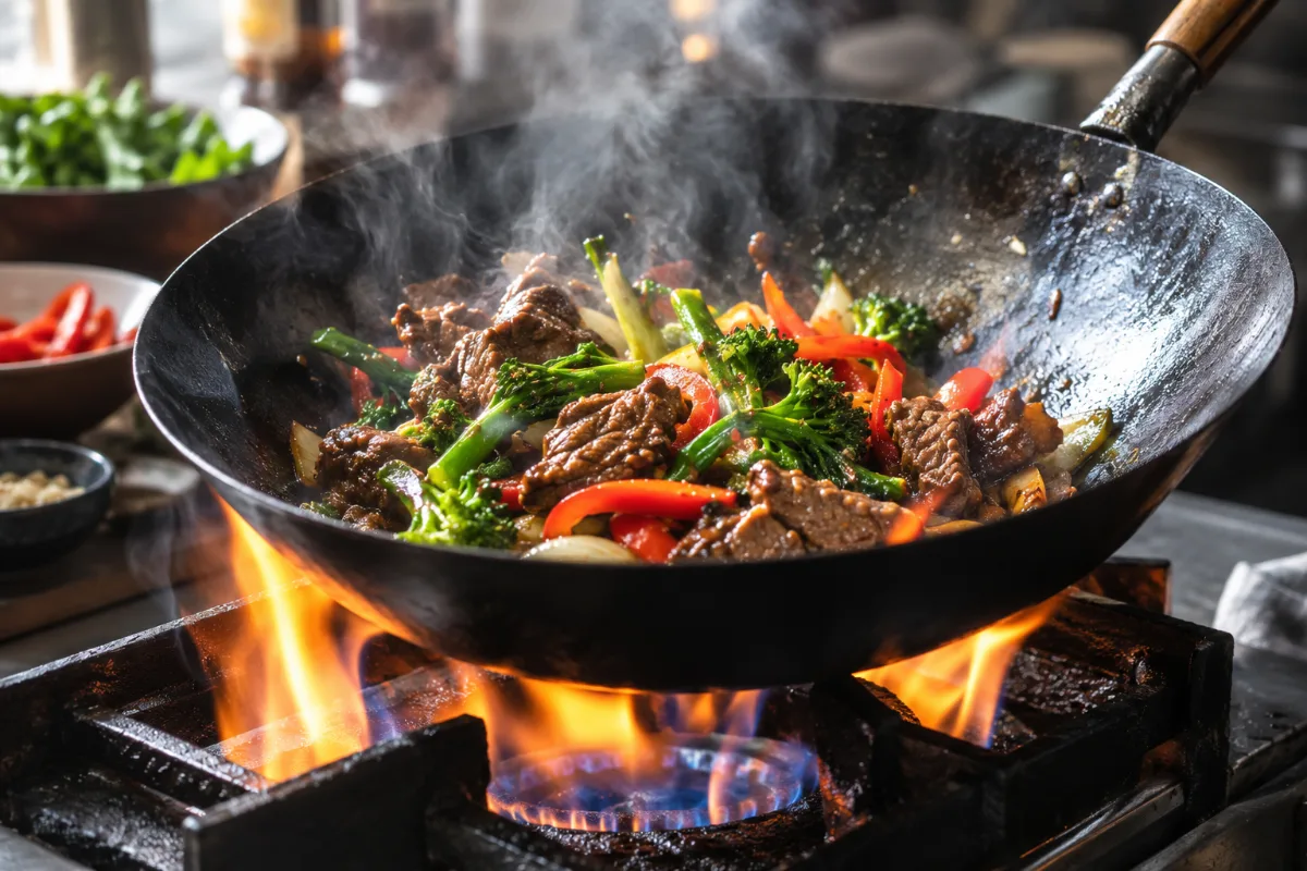Round-bottom wok over a strong open gas flame