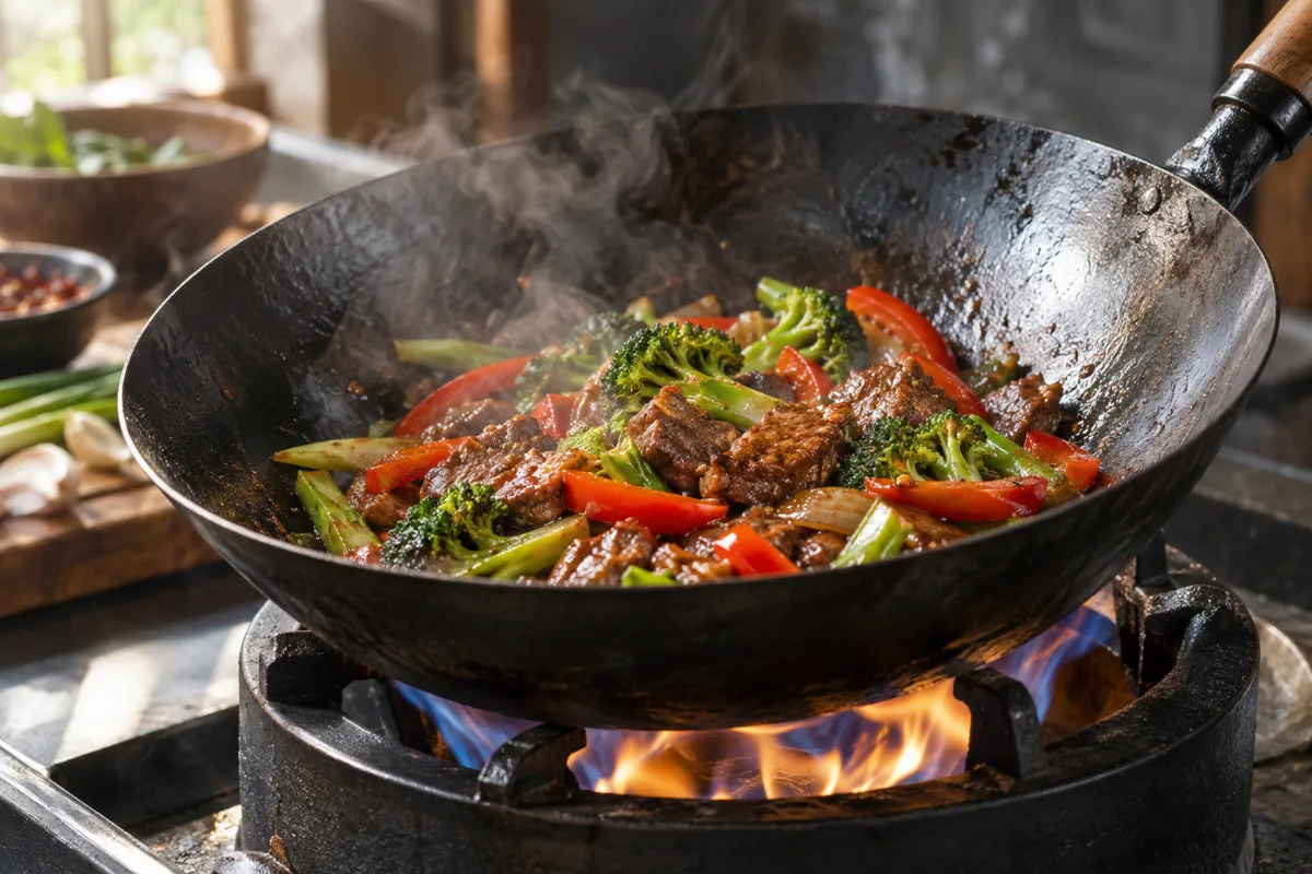 Round-bottom wok sitting on a wok ring over a burner