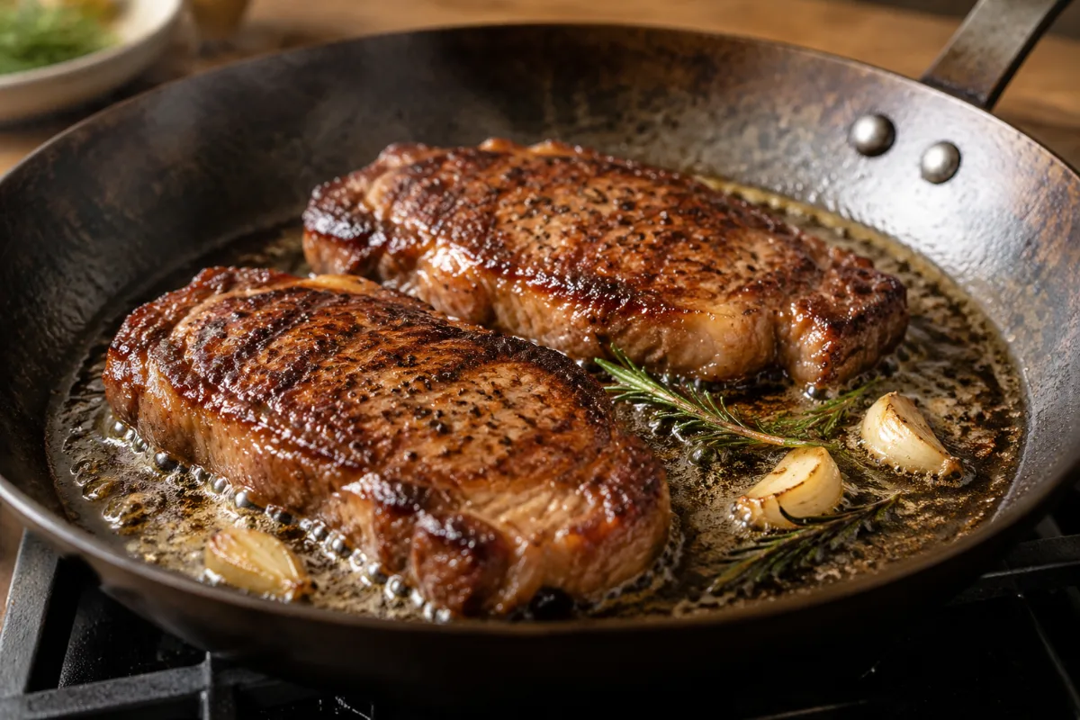 Enough fat shimmering in a preheated carbon steel pan