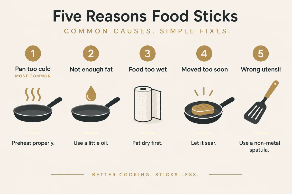 a “five reasons food sticks” checklist graphic, each cause with an icon and its one-line fix, ordered by how common it i