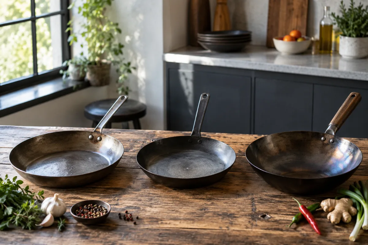 French, American and Chinese carbon steel pans compared by origin