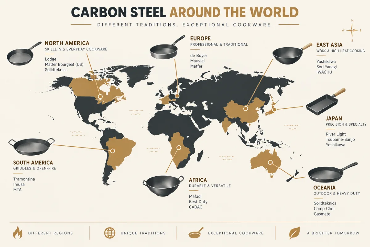 A world-map style graphic tagging each region with its carbon steel specialty and top brands.