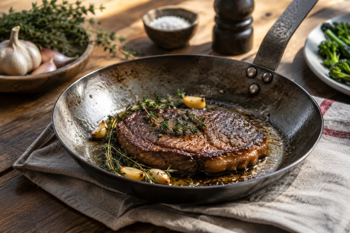 French carbon steel skillet showing traditional build