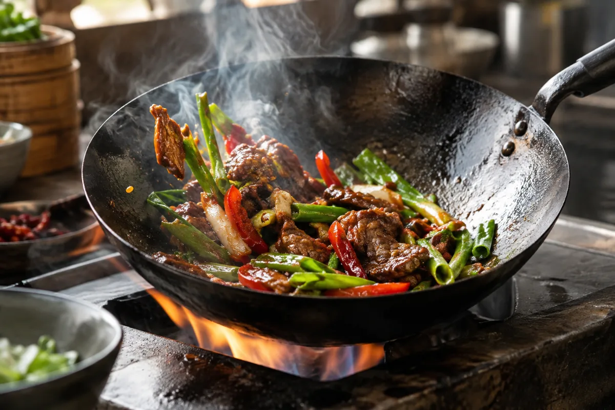 Chinese-style carbon steel wok for stir-frying