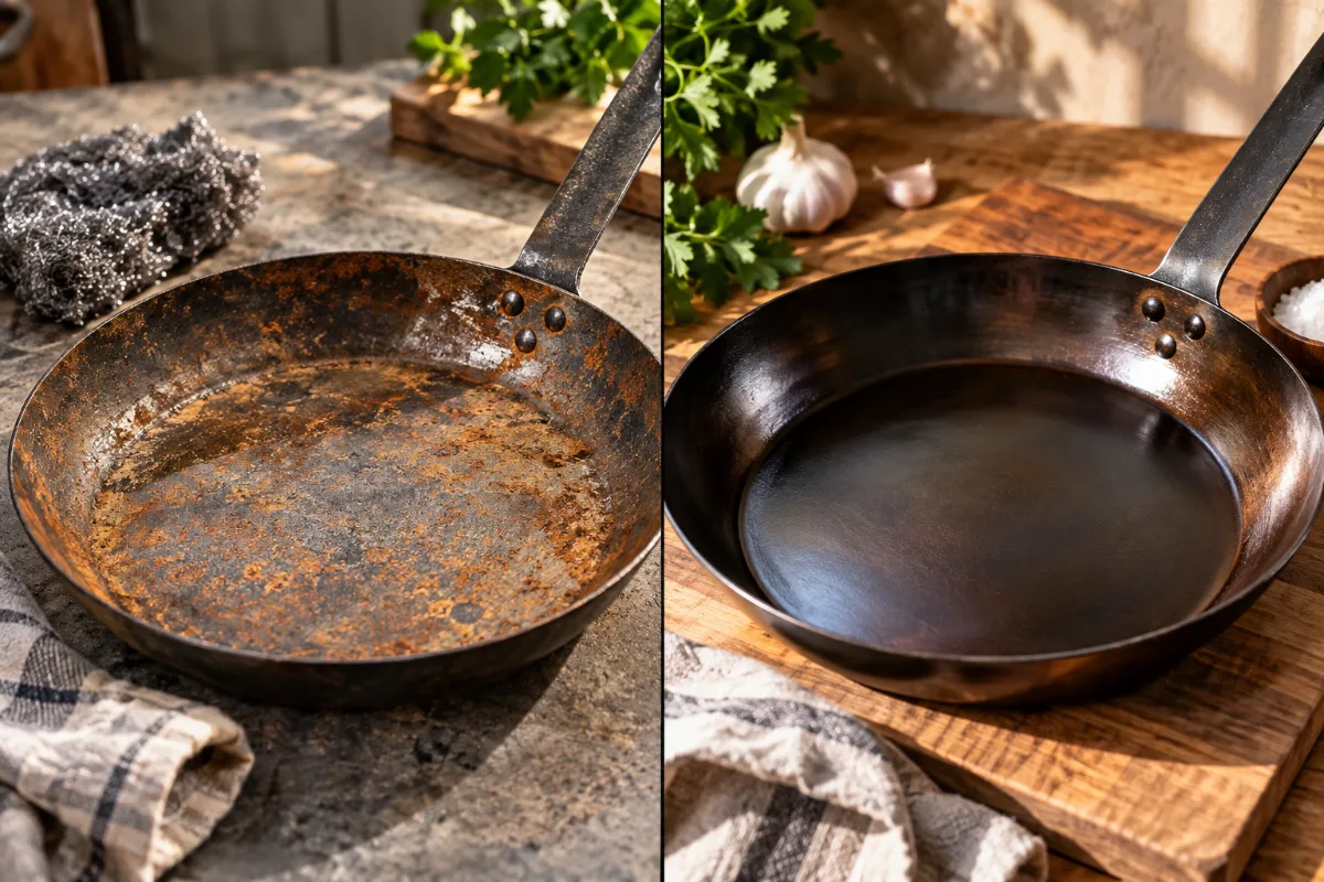 Neglected carbon steel pan restored to working condition
