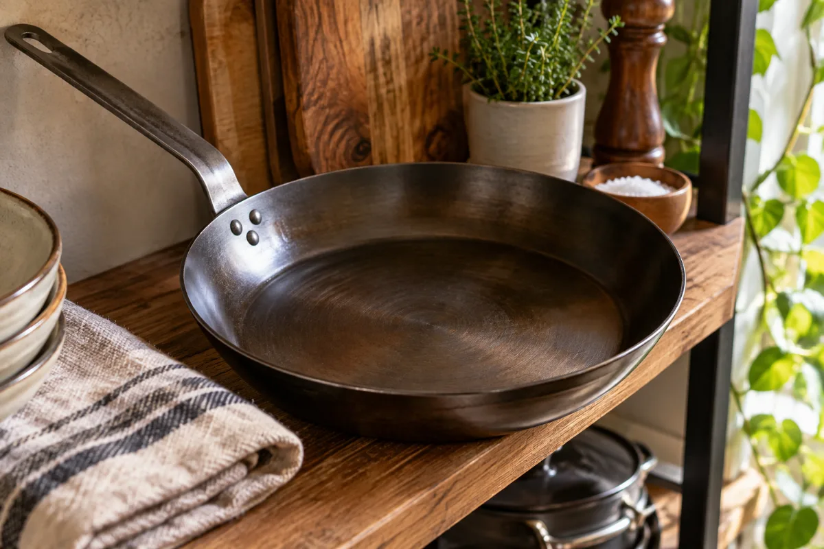 Long-lasting carbon steel pan stored ready for use