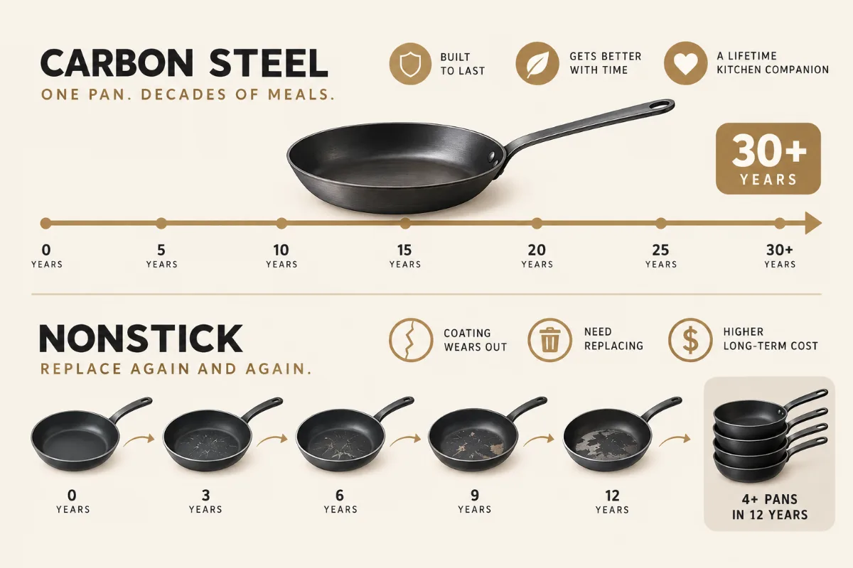A timeline graphic showing one carbon steel pan spanning 30-plus years next to a row of nonstick pans replaced every few