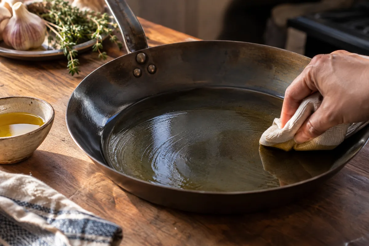 Applying a thin seasoning coat to a new carbon steel pan