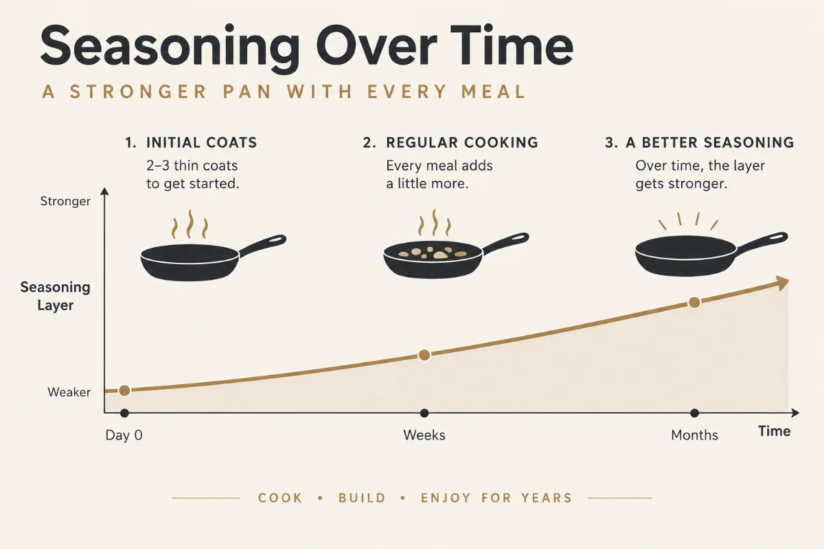 A “seasoning over time” graphic showing two to three coats at the start, then a rising line as regular cooking builds th