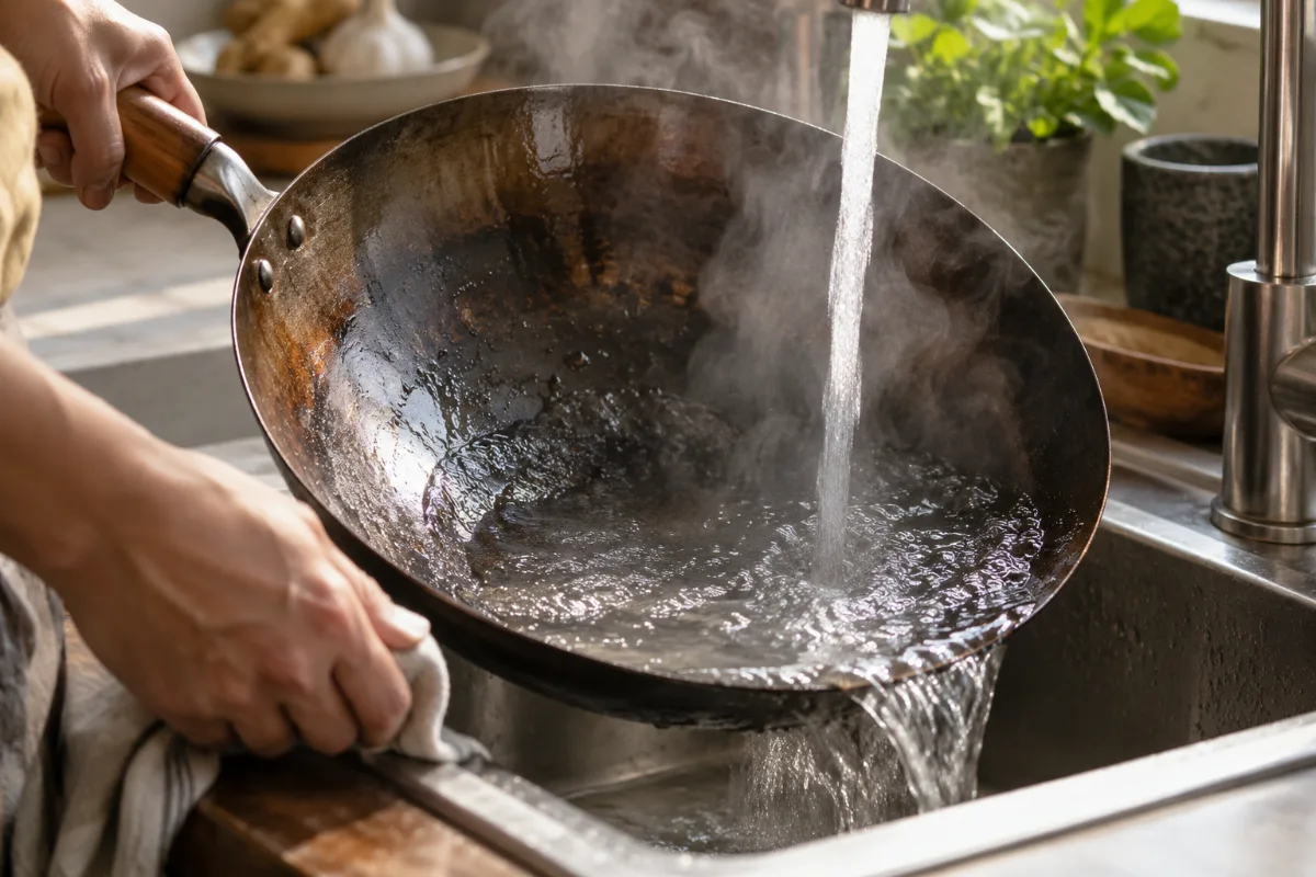 Rinsing a warm carbon steel wok with hot water