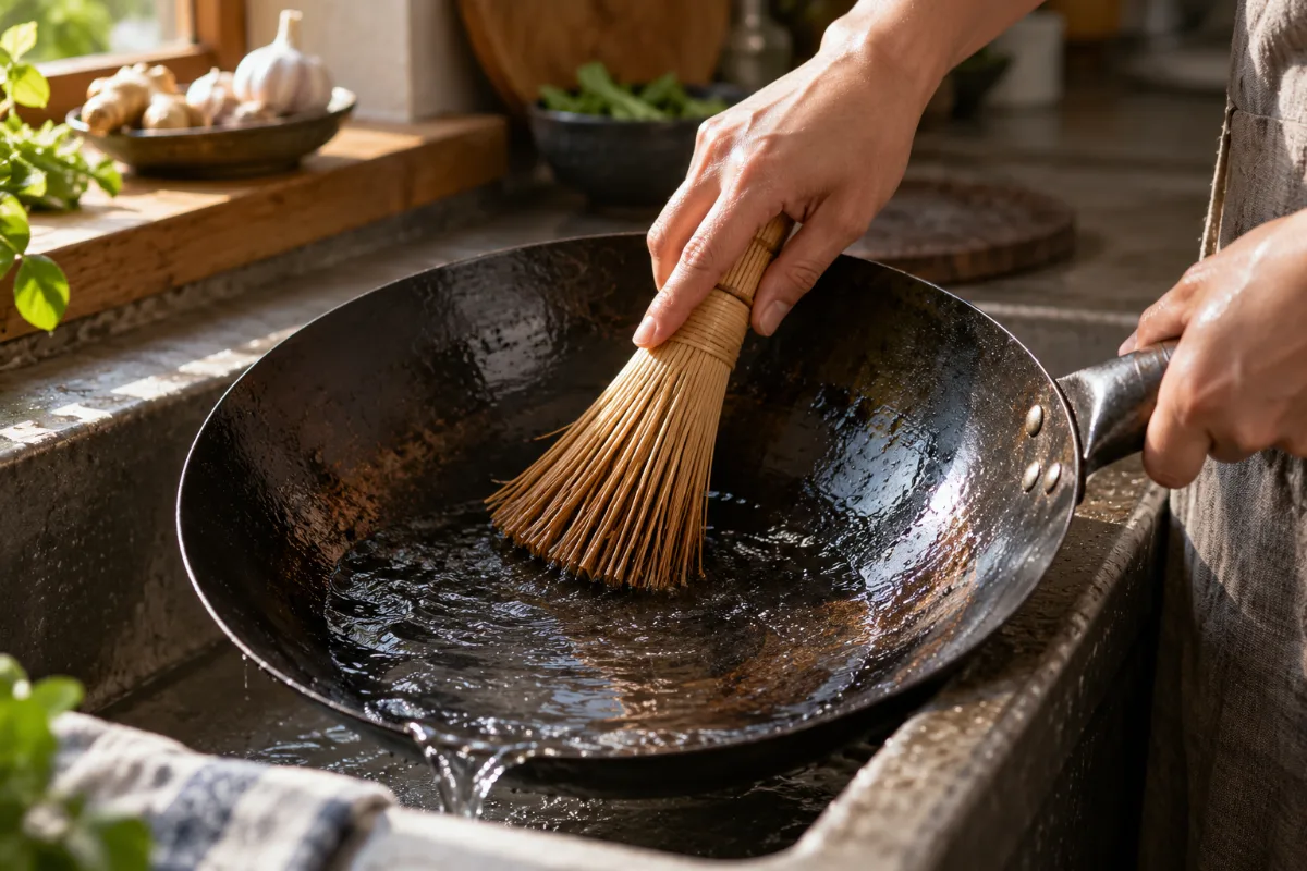Cleaning a carbon steel wok with a soft bamboo brush