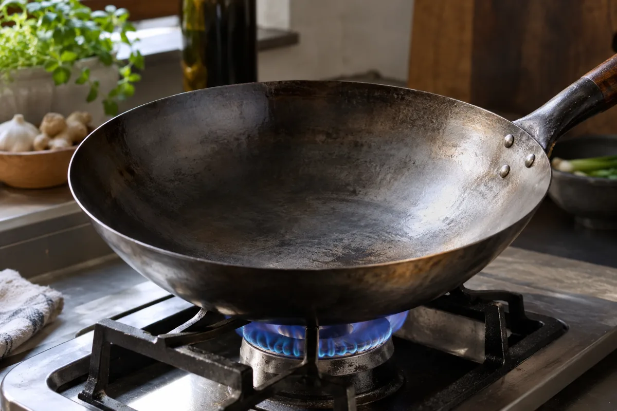 Drying a carbon steel wok over the burner to prevent rust