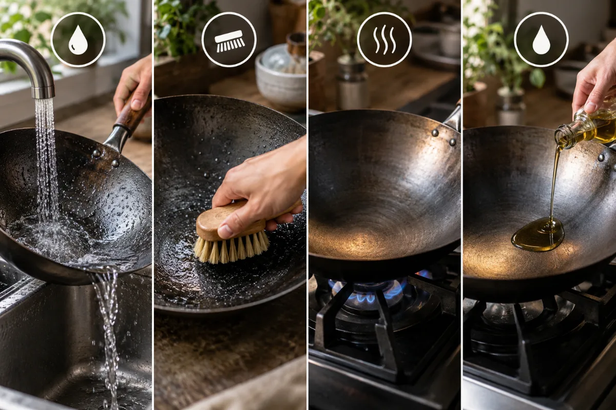 A four-step wok-cleaning strip showing rinse, brush, dry over heat, and oil, each with an icon and a one-line cue.