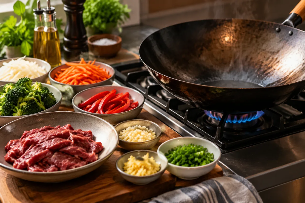 Mise en place ready beside a hot carbon steel wok for stir-frying