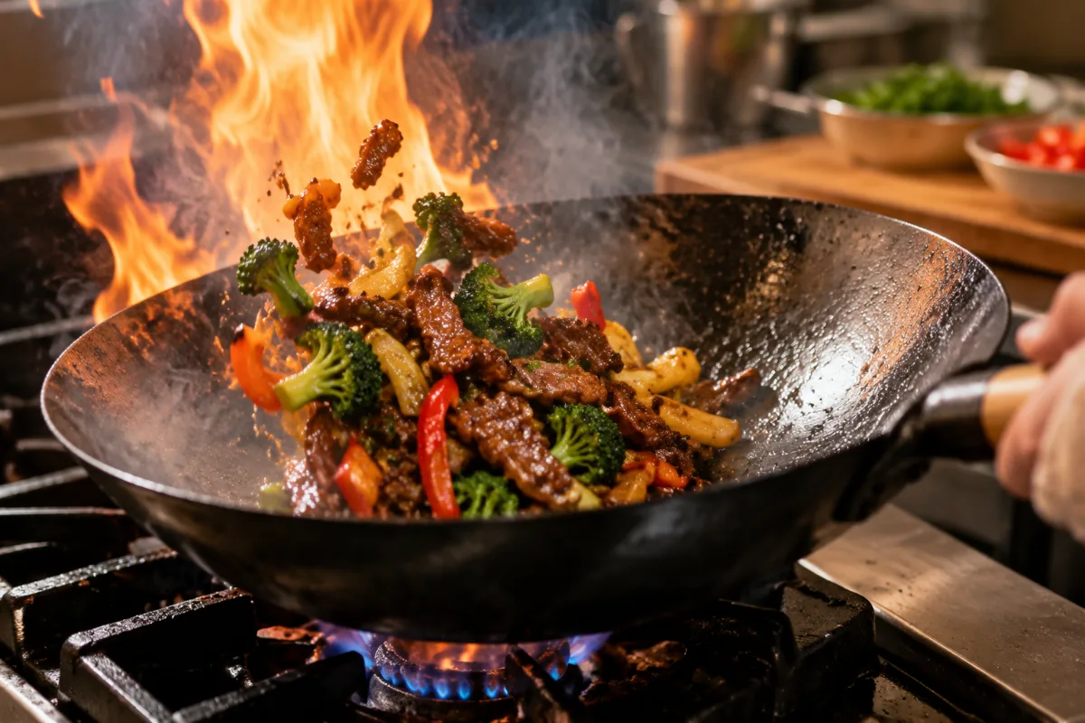 High heat stir-fry creating wok hei in a carbon steel wok