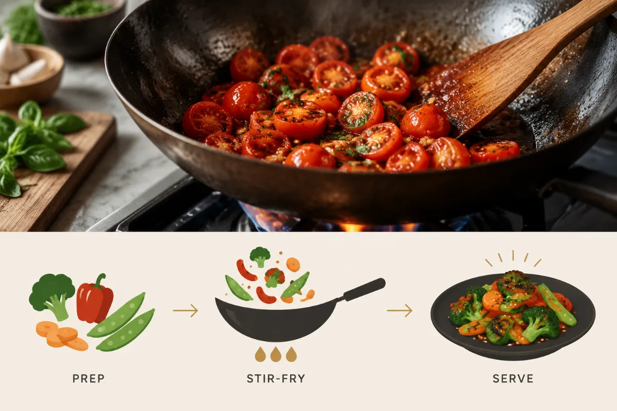 Stir-fried vegetables with light char from wok hei