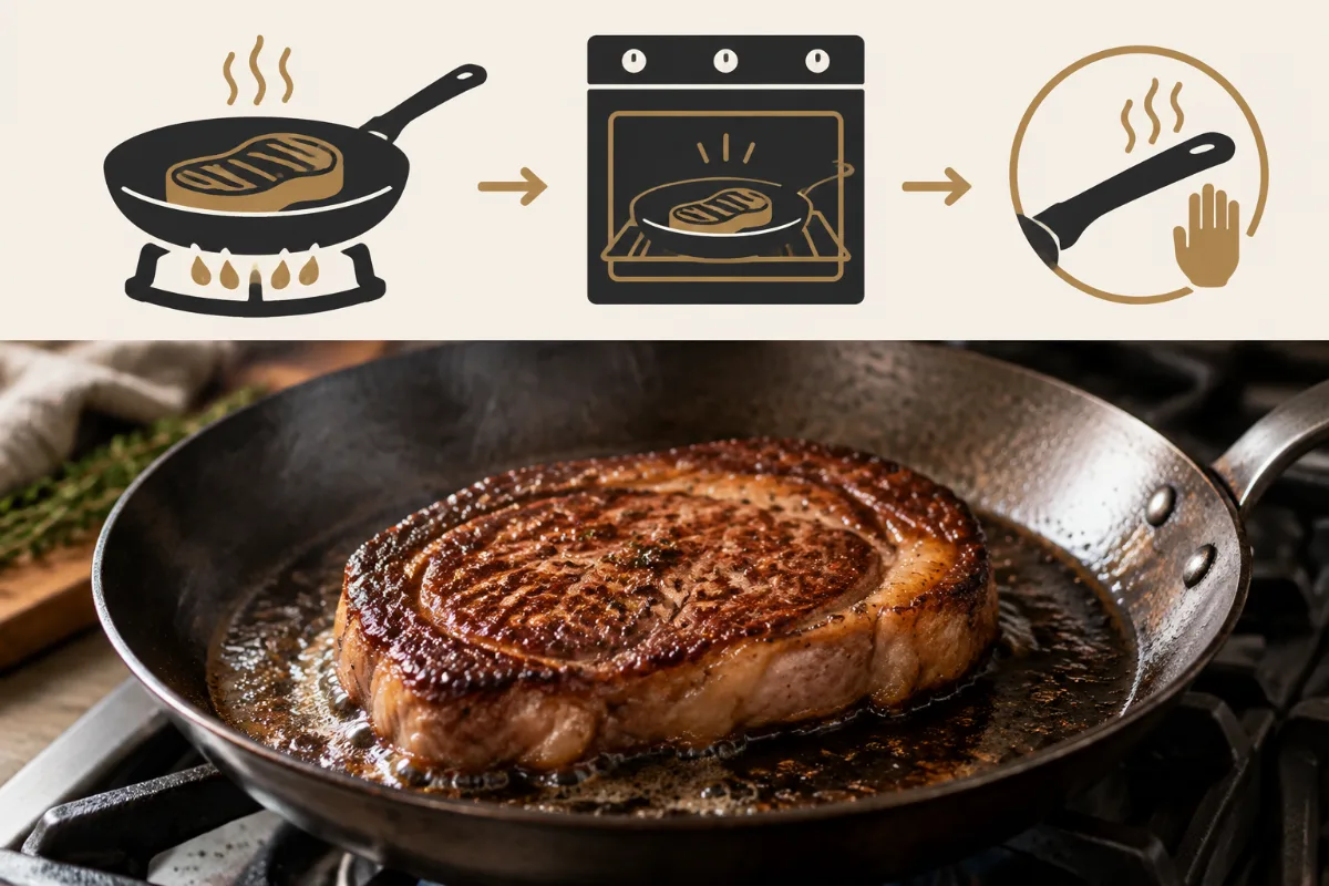 Searing a steak in a preheated carbon steel pan