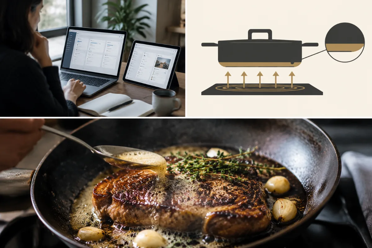 Basting a steak with butter and aromatics in a carbon steel pan