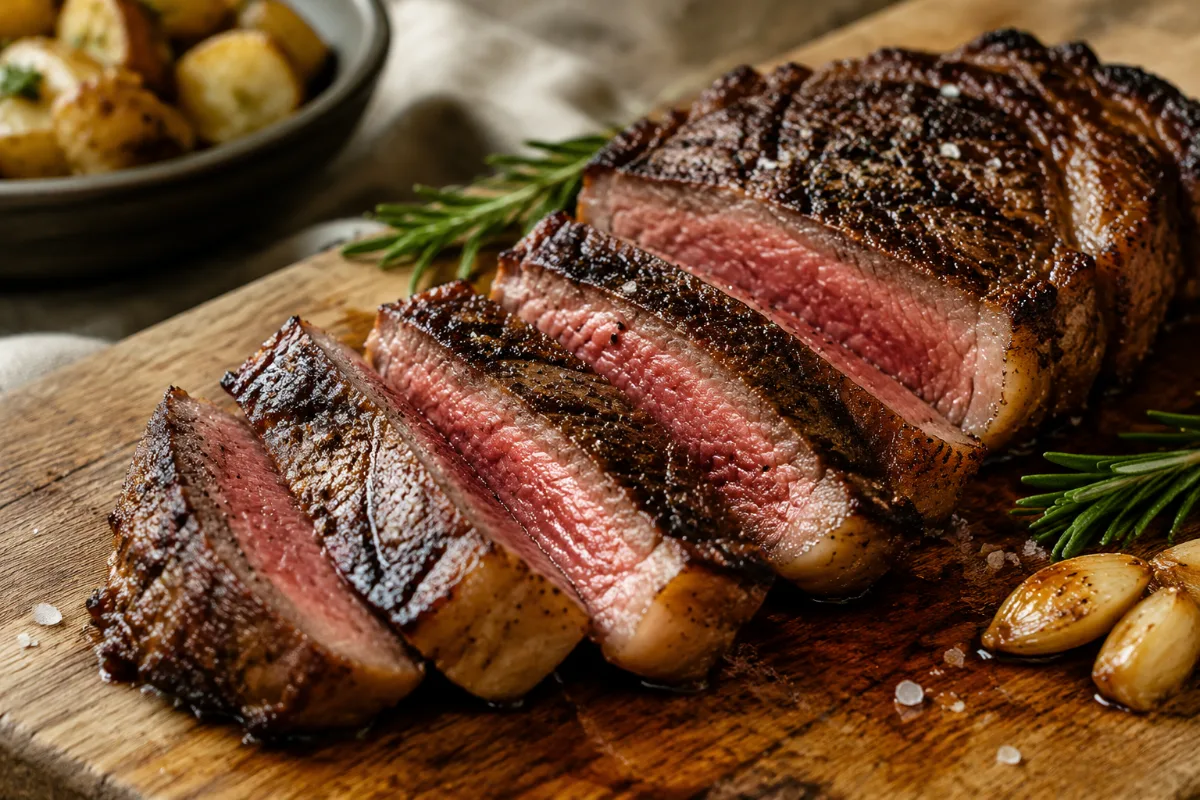 Sliced steak showing a deep crust from a carbon steel sear