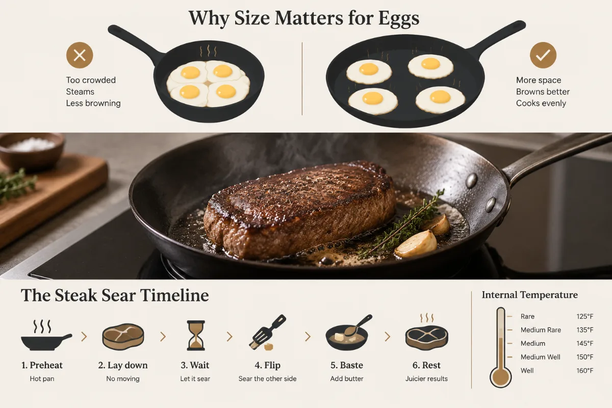 A steak-sear timeline graphic running preheat, lay down, wait, flip, baste, rest, with internal-temperature targets mark