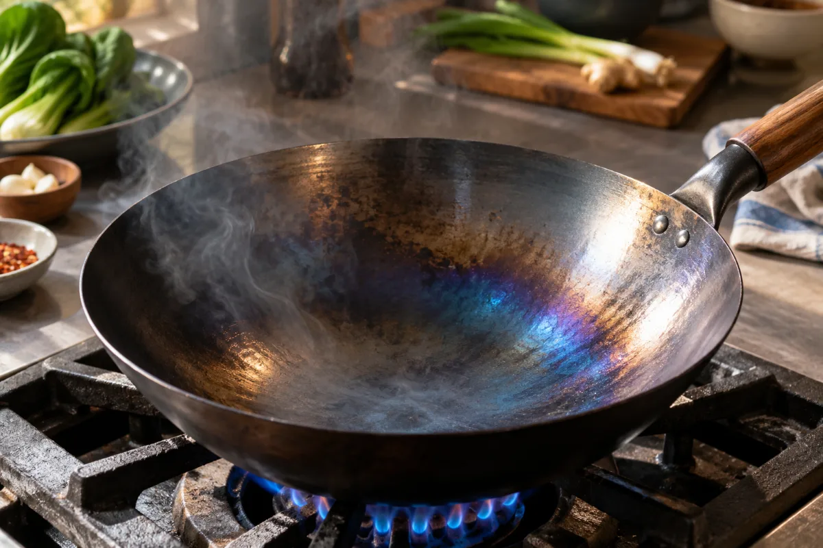 Carbon steel wok turning blue while seasoning over a burner