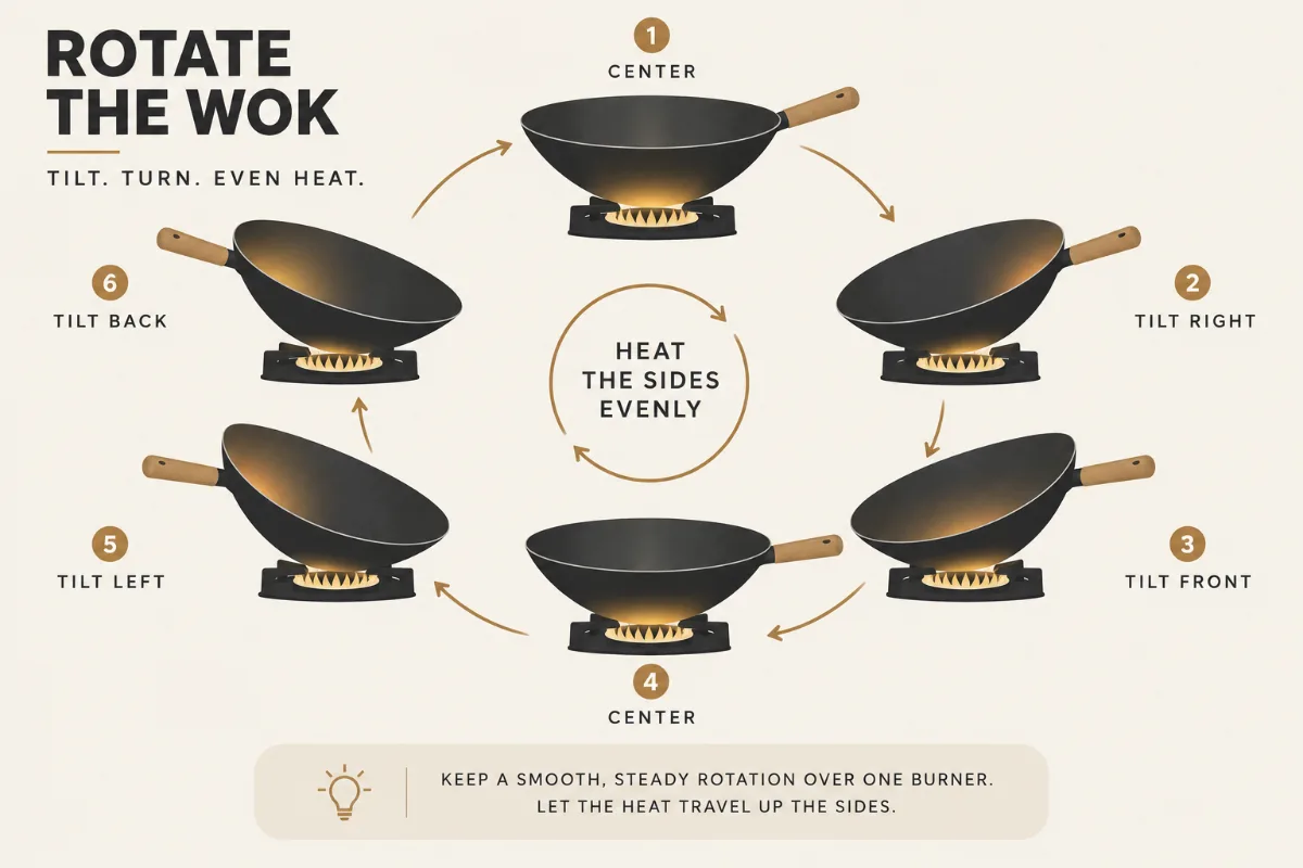 A wok-rotation diagram showing how to tilt and turn the wok over one burner to heat the sloped sides evenly.