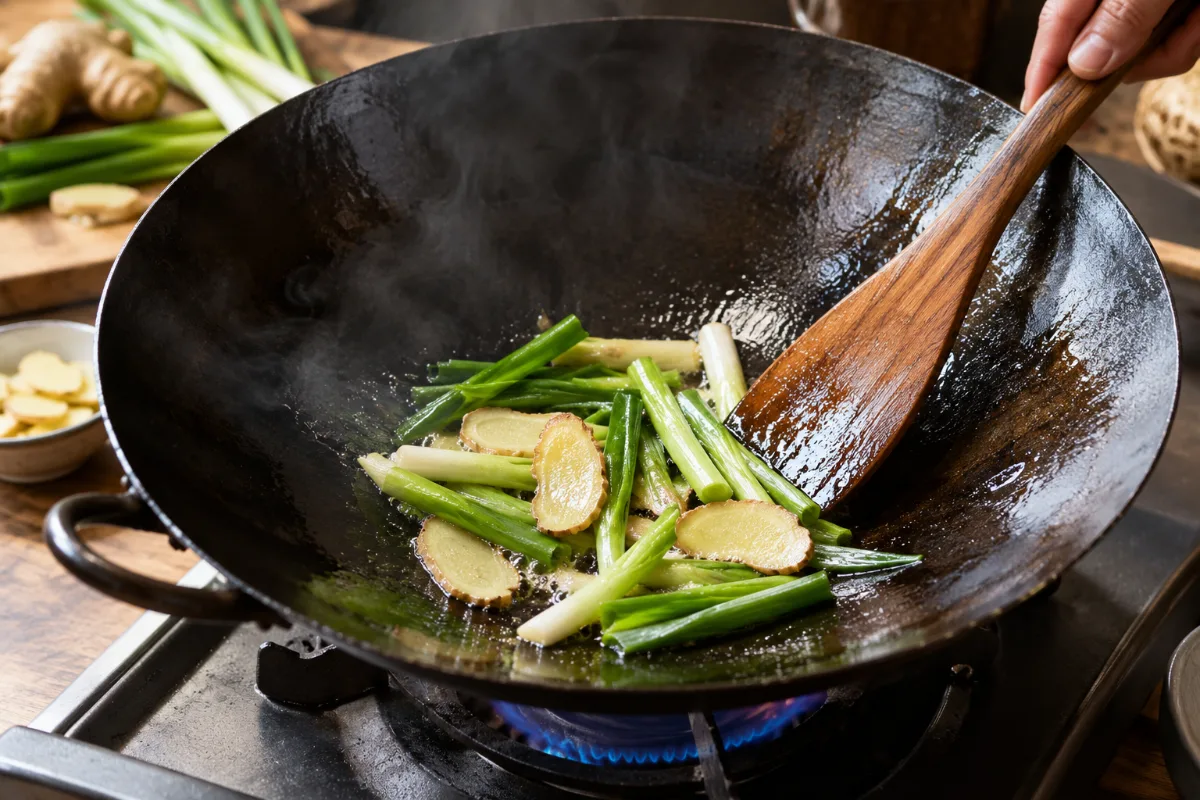 Stir-frying ginger and scallion to season a new wok