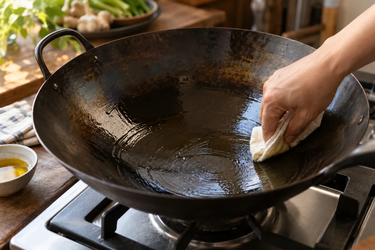 Applying a thin oil layer to season a carbon steel wok