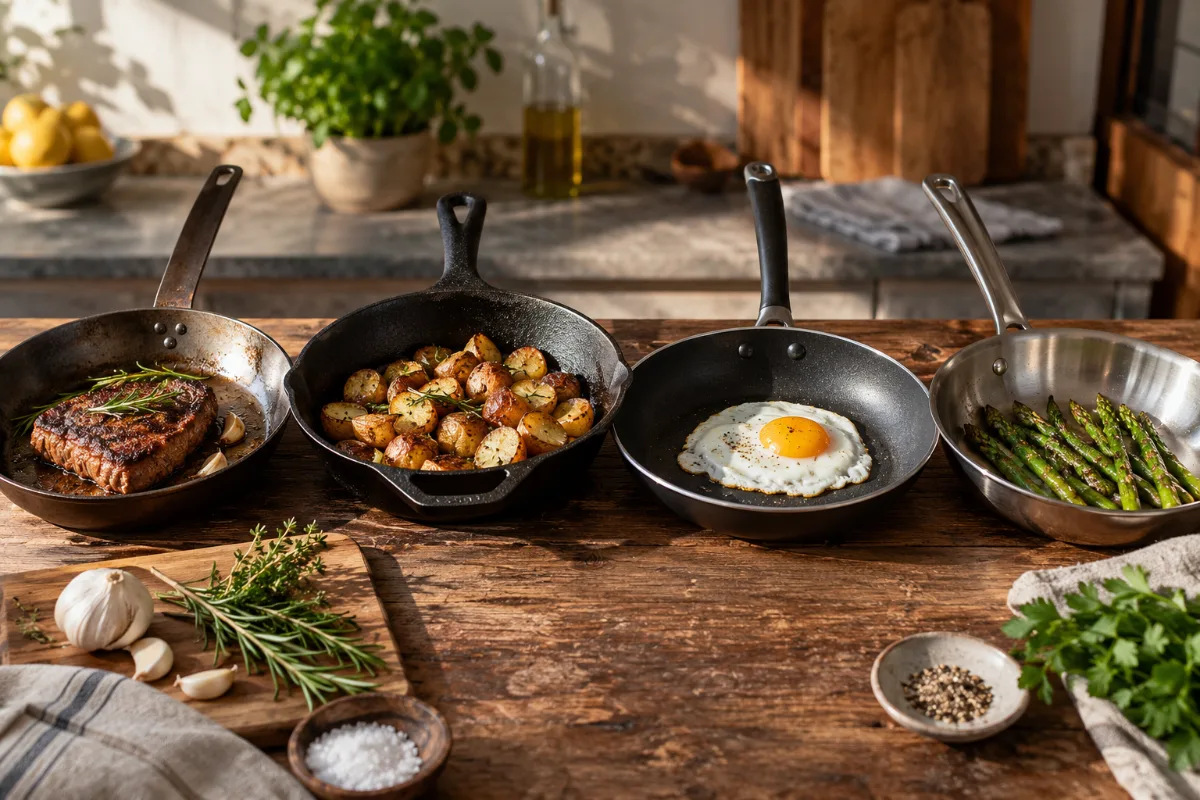 Carbon steel compared with cast iron, nonstick and stainless steel cookware