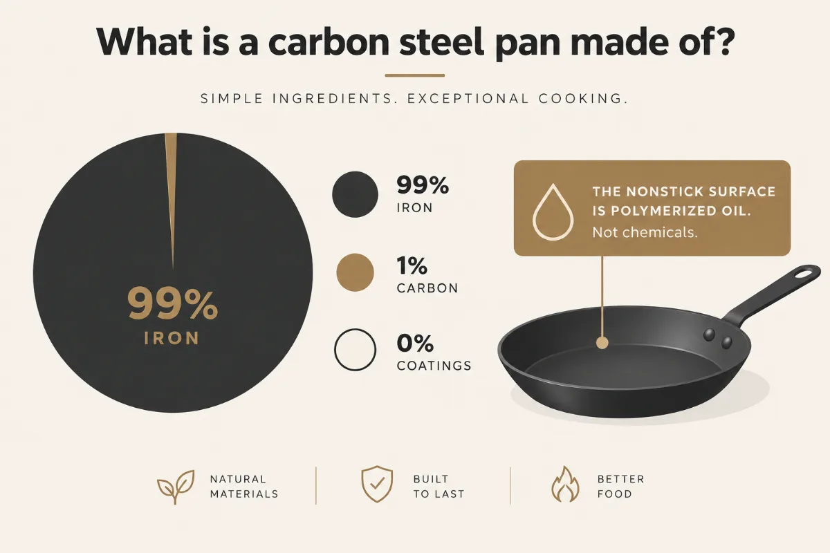 A simple “What is a carbon steel pan made of?” graphic. A pie or bar showing about 99 percent iron, about 1 percent carb