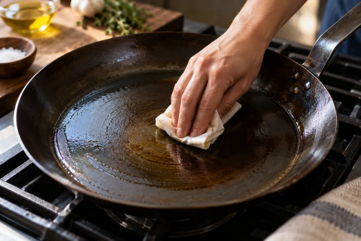Wiping a thin layer of oil on a carbon steel pan to build safe seasoning