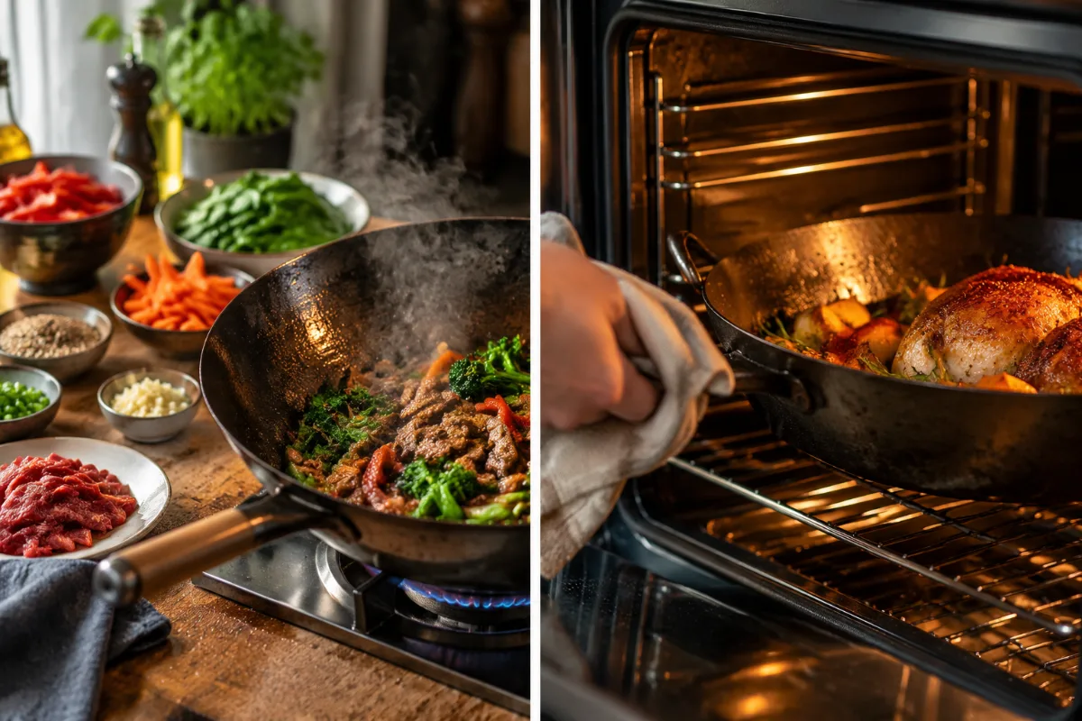 Carbon steel pan being placed in a hot oven