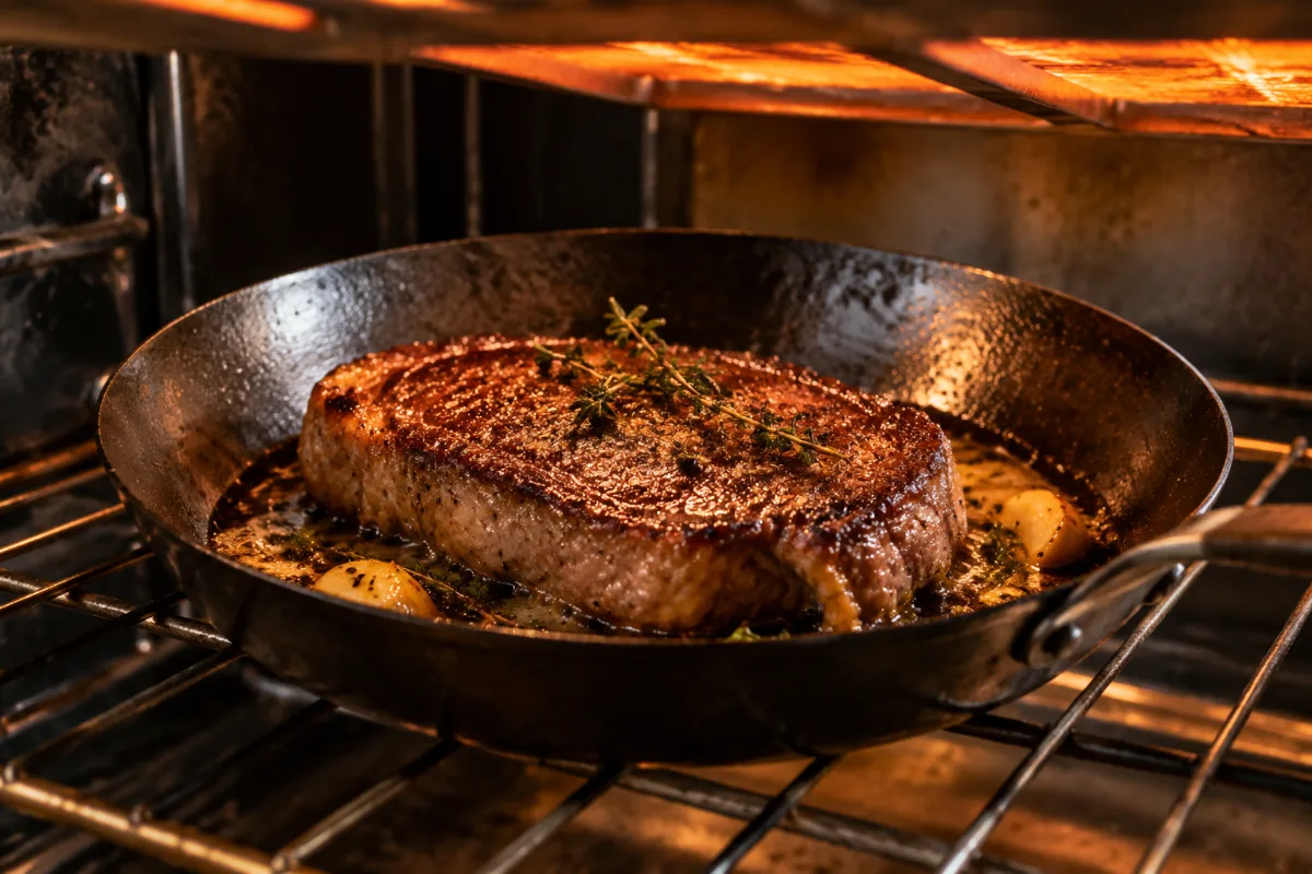 Finishing a steak in a carbon steel pan under the broiler