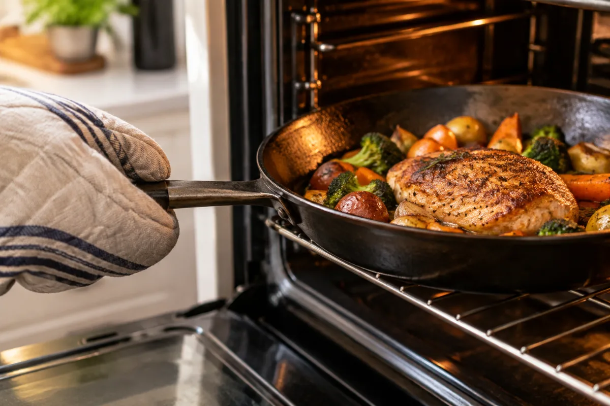 Using an oven mitt on a hot carbon steel pan handle