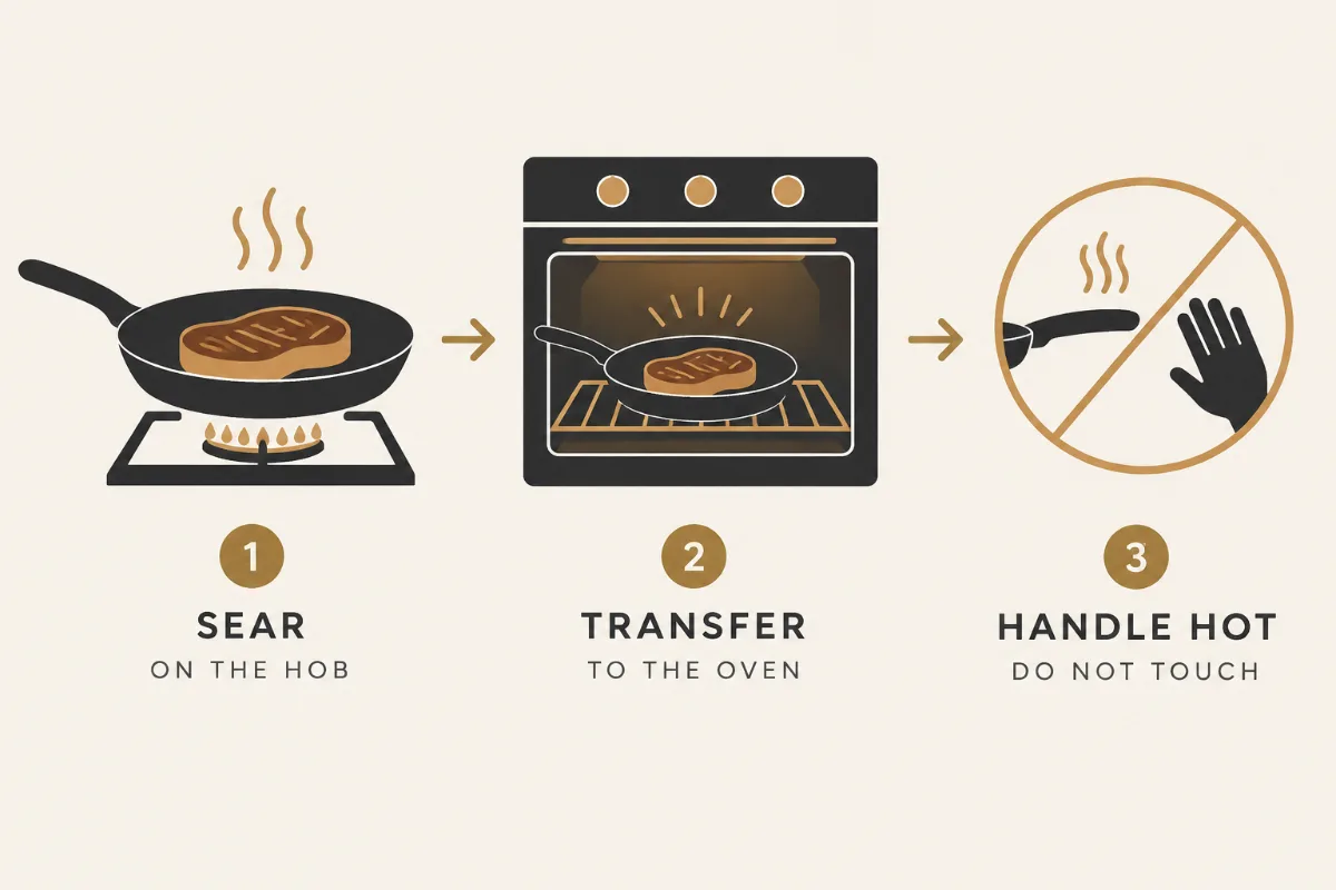 A “stovetop to oven” flow graphic showing a sear on the hob, transfer to the oven, and a handle-heat warning icon.