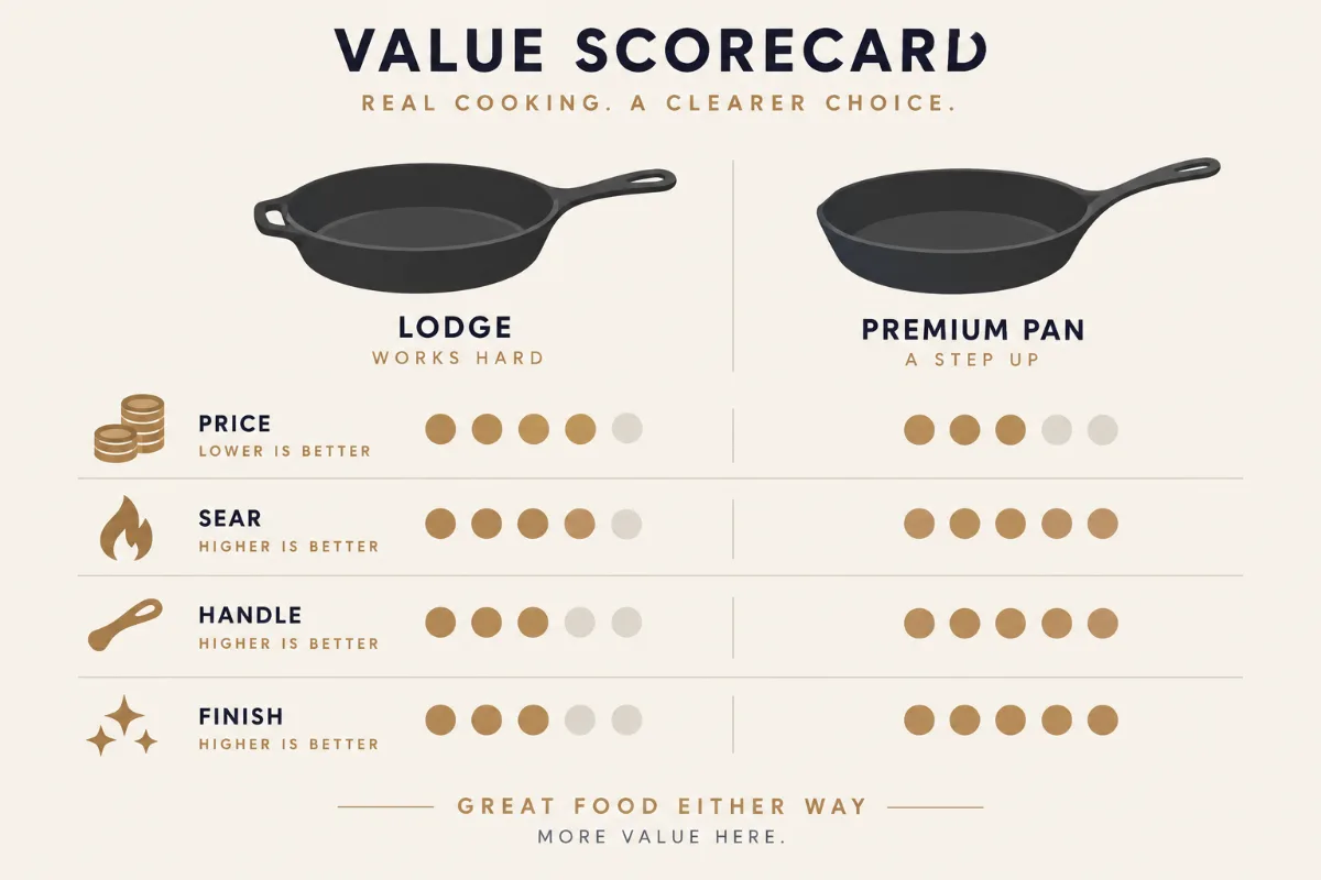 A value scorecard comparing Lodge to a premium pan on price, sear, handle, and finish.