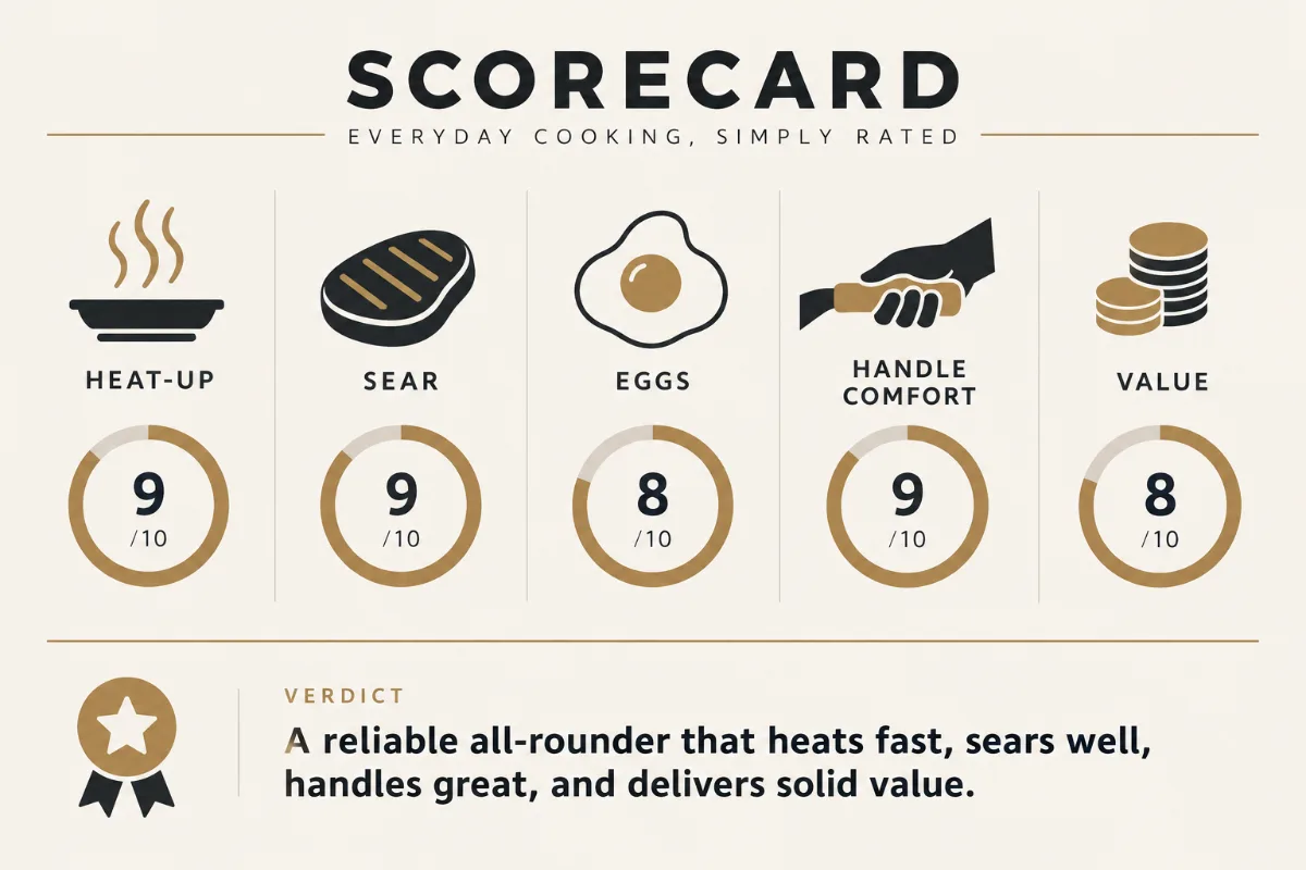 a scorecard graphic rating heat-up, sear, eggs, handle comfort, and value, with the one-line verdict.