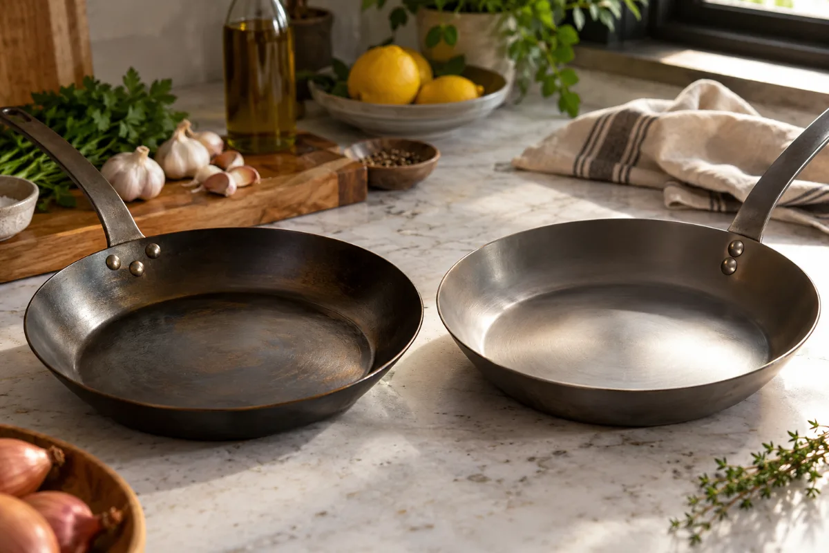 Made In and de Buyer carbon steel pans compared side by side