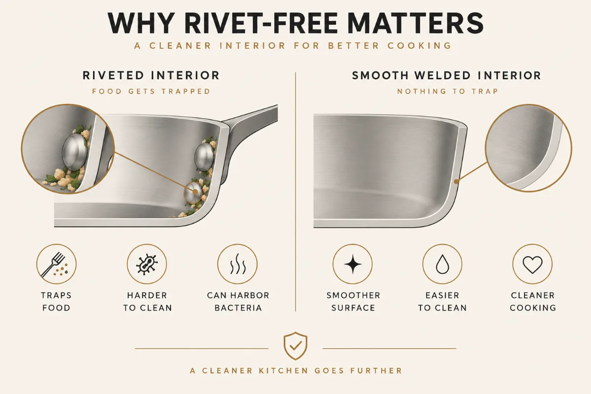 A “why rivet-free matters” cutaway comparing a riveted interior that traps food with Matfer’s smooth welded interior.