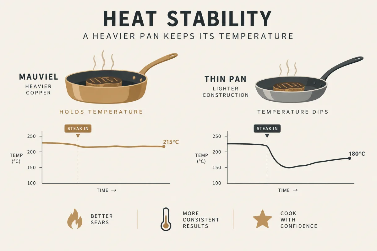 A heat-stability graphic comparing a heavier Mauviel holding temperature during a sear against a thinner pan dipping.