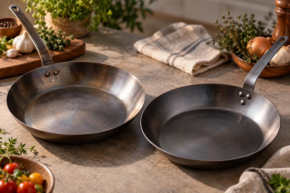 Mauviel M’Steel and Matfer Bourgeat carbon steel pans compared