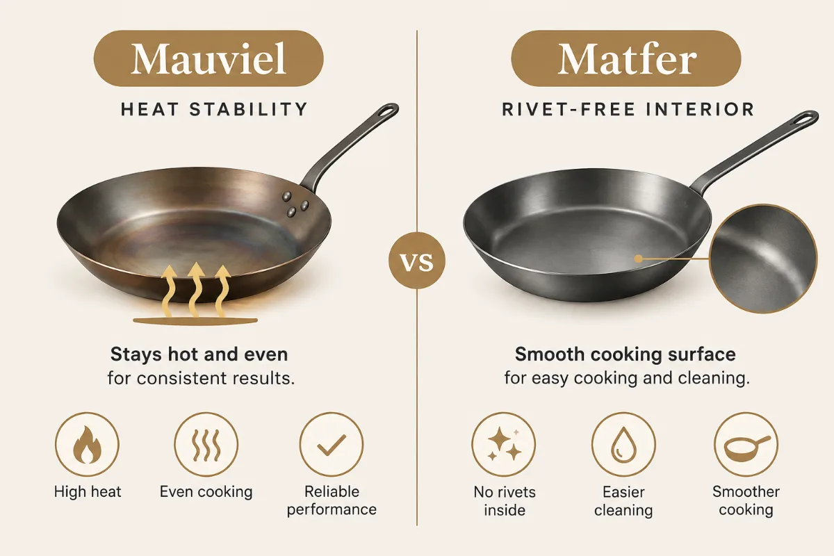 A two-philosophy card, heat stability (Mauviel) versus rivet-free interior (Matfer), with the key trait illustrated for 