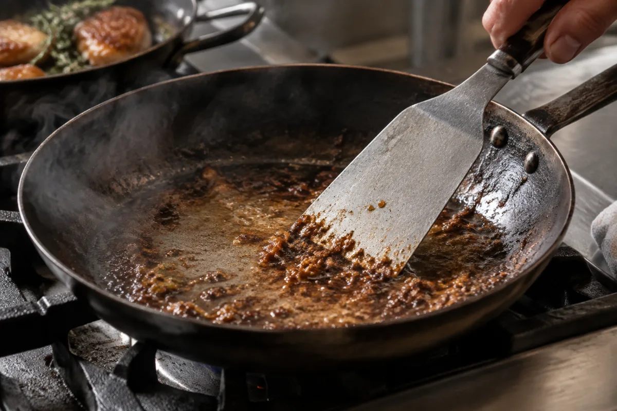 Scraping fond with a metal turner in a carbon steel pan