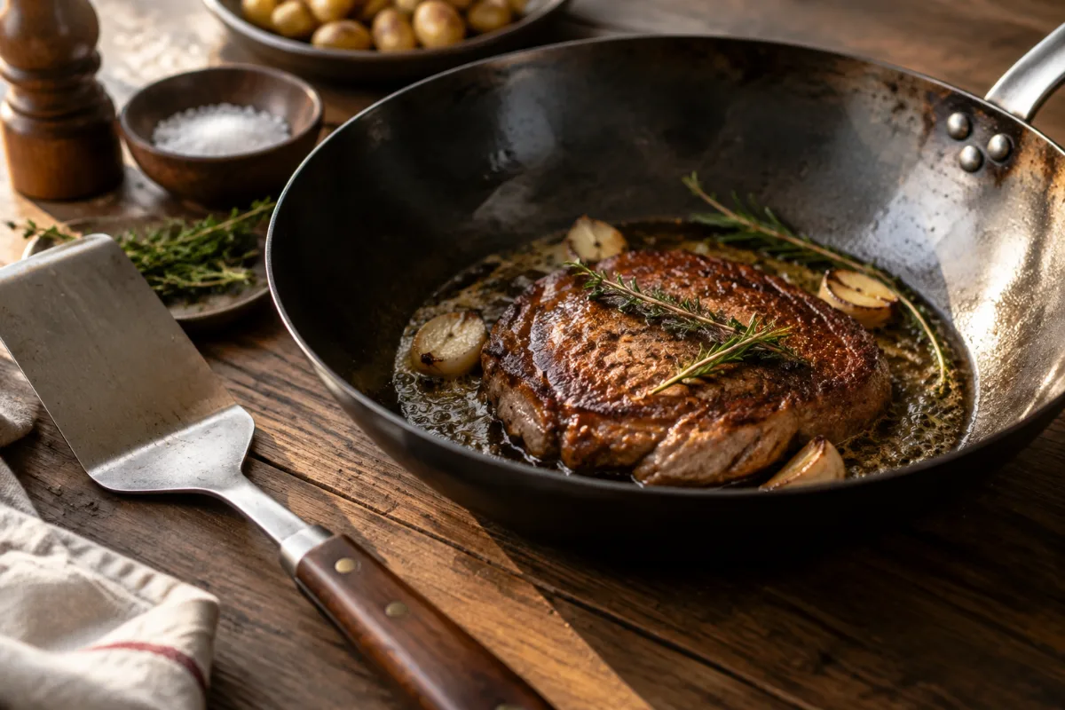 Metal and wooden utensils suited to carbon steel cooking