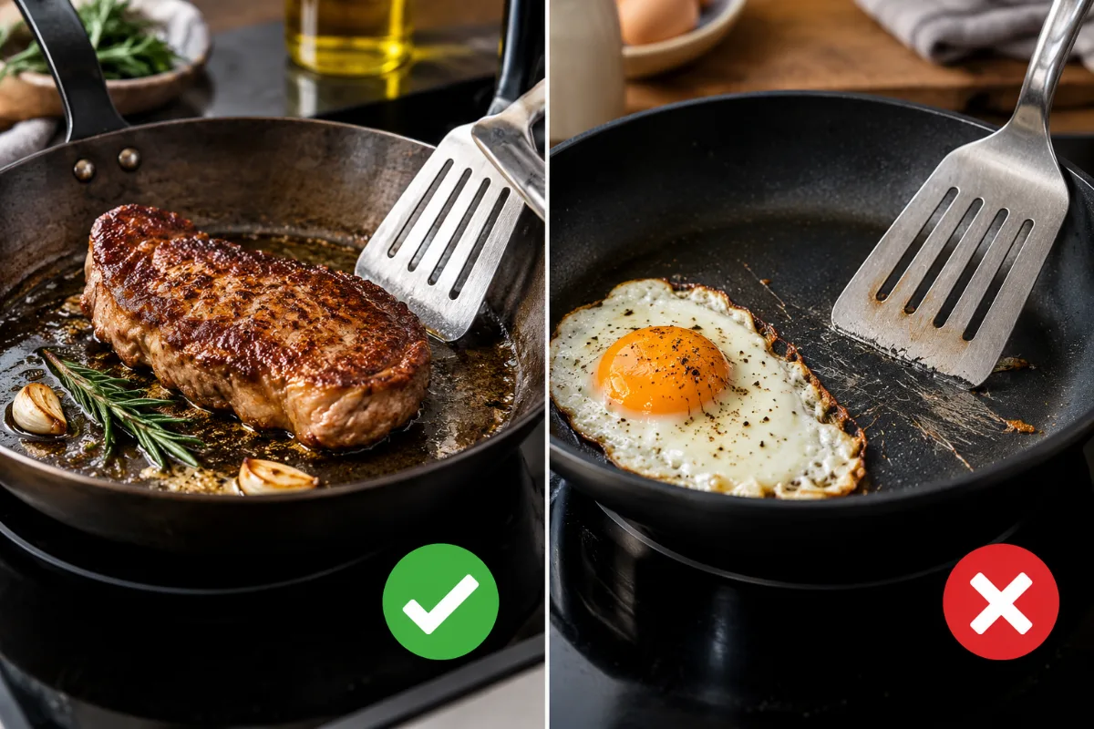 A “carbon steel vs nonstick tools” contrast showing metal as safe on carbon steel and risky on nonstick, with a check an