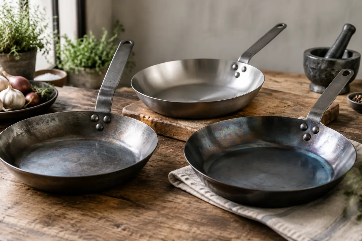 de Buyer Mineral B, B Pro and Blue carbon steel pans compared
