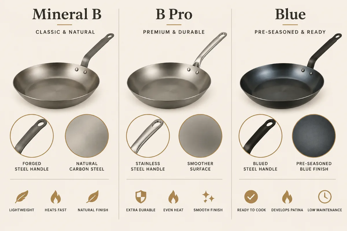 A three-way comparison card of the de Buyer lines with the handle and surface difference illustrated for each.