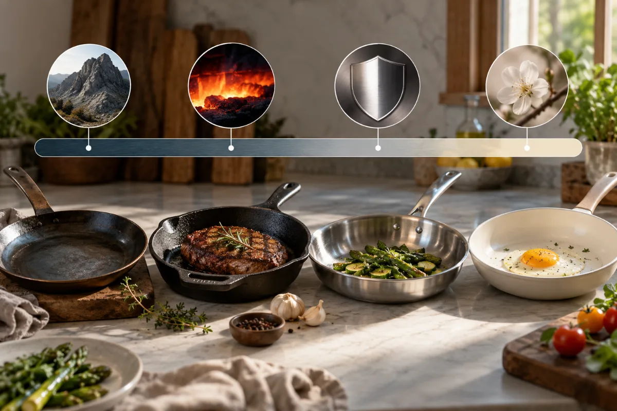 A ‘safe cookware spectrum’ bar running from coating-free (carbon steel, cast iron, stainless) to coating-based (ceramic)